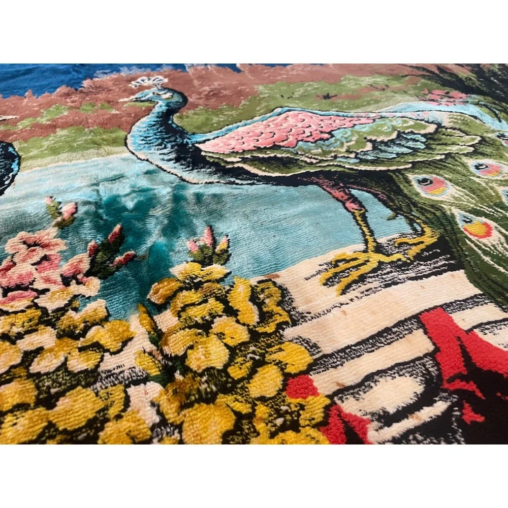 Vintage Turkish Velvet Peacock Tapestry Rug 1970s Wall Hanging 75x49 Boho Decor